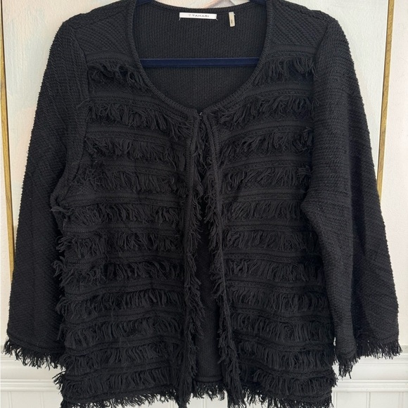 T TAHARI Black Fringe Front Cardigan Open Front Sweater Size Large - Picture 4 of 7